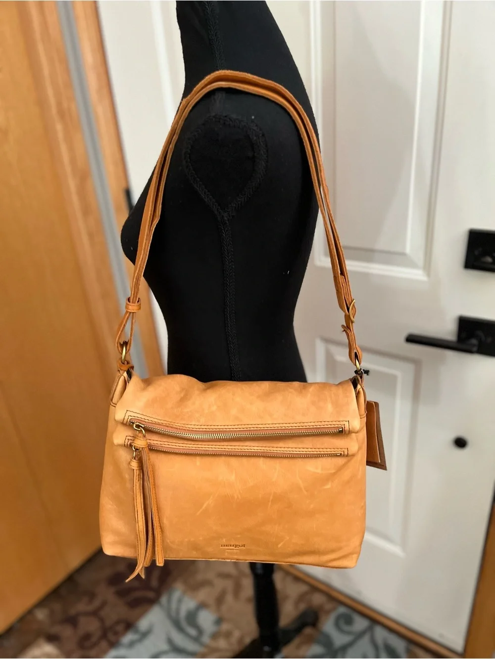 New Margot Mickey Hobo double zip crossbody shoulder leather purse bag cognac